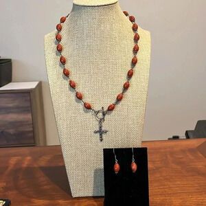 Silvertone Beaded Cross Necklace and Earrings Bundle